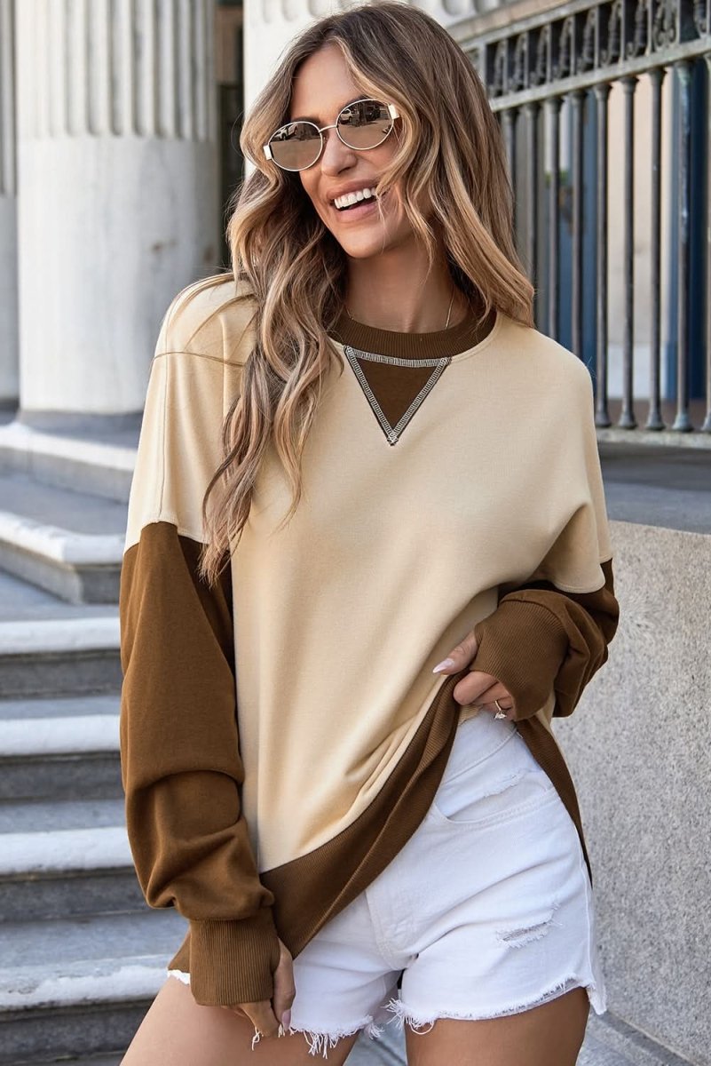 Apricot Color Block Thumbhole Sleeve Drop Shoulder Sweatshirt - Love Salve
